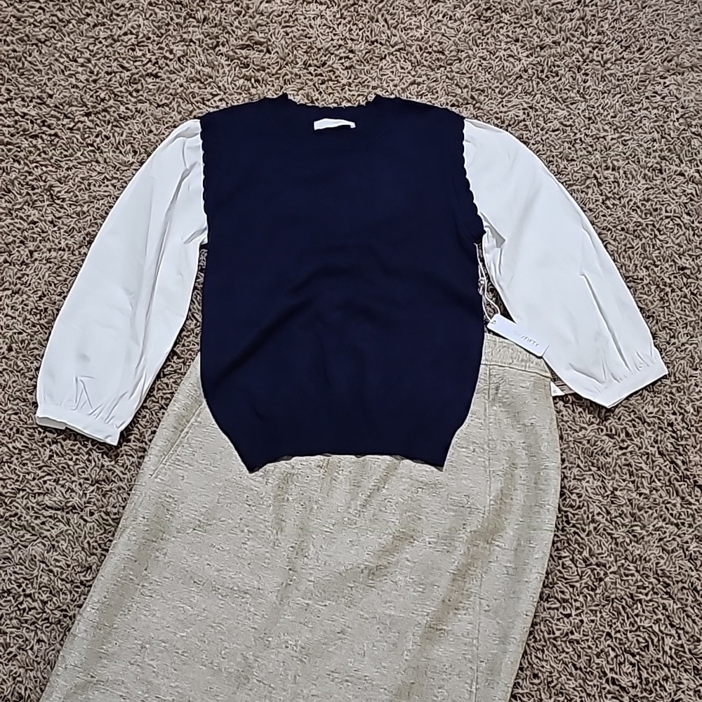 NWT Six/Fifty Darcy Mixed Media Two-Tone Top Navy & White Small Vest Blouse - Picture 2 of 6